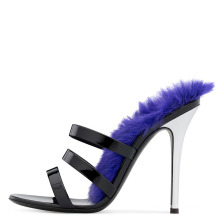 factory outdoor party dress 10cm heels summer open toe black patent leather fur mules women